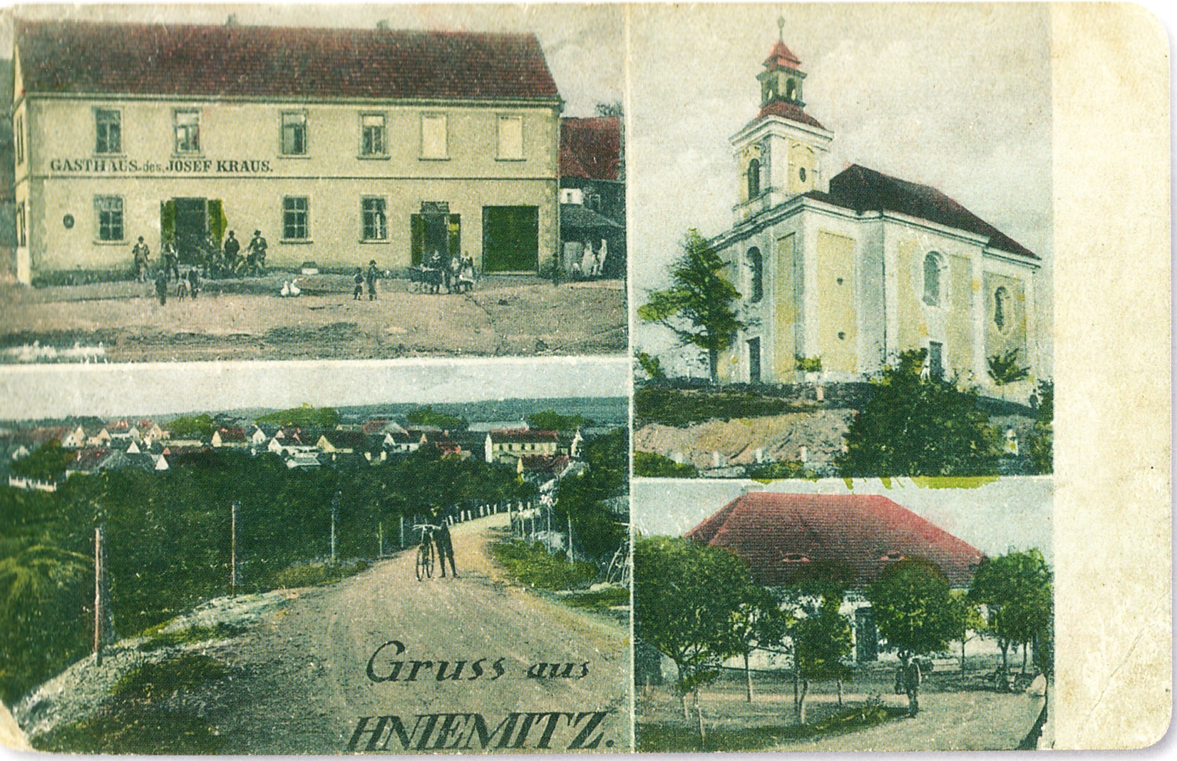 1917 - hostinec Josefa Krause; kostel Všech Svatých; pohled na obec z příjezdové silnice od Nýřan; budova školy